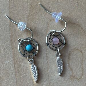 Dreamcatcher Silver Tone Earrings With Pink & Blue Accents